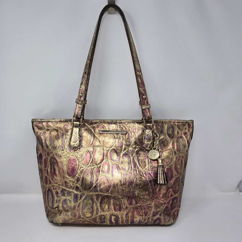 Brahmin Medium Asher Handbag Metallic Gold Purple Croc Tote Bag Purse READ